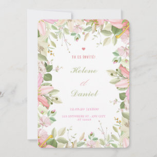 Convite Francês Floral Elegante em Rosa e Branco