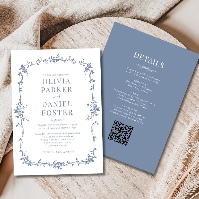 Convite Francês Tudo em Um Casamento Azul Vitoriano Dusty (Criador carregado)