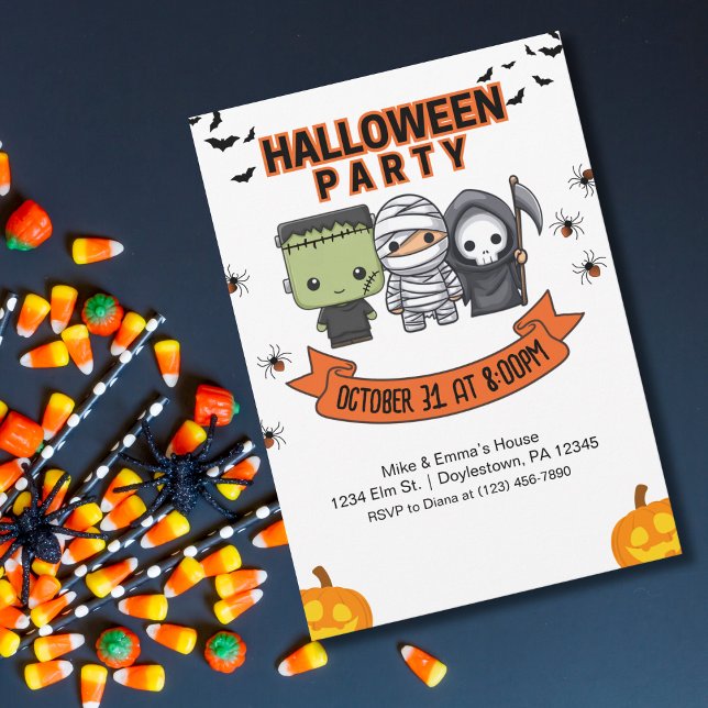 Convite Frankenstein Mummy Grim Reaper Cute Halloween (Criador carregado)