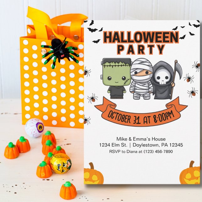 Convite Frankenstein Mummy Grim Reaper Cute Halloween (Criador carregado)