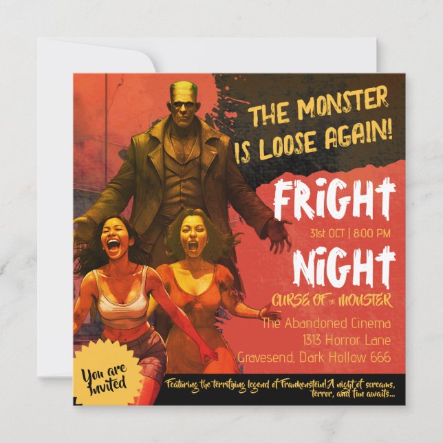Convite Frankenstein Retro Terror Noturno Adulto (Frente)