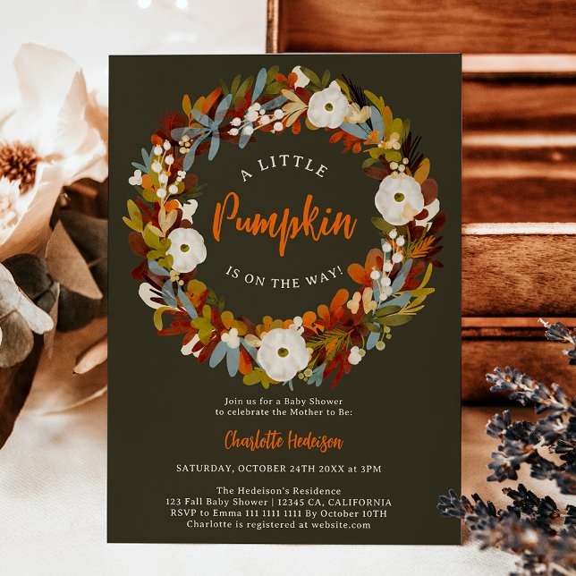 Convite Fraqueia floral chá de fraldas de abóbora (Floral wreath fall little pumpkin baby shower invitation)