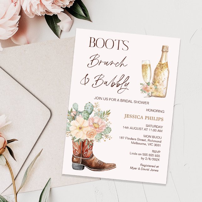 Convite Frasco Blush Boot Chá de panela de Bolha Brunch (Boots Brunch and Bubbly Bridal Shower invitation Template, Cactus Floral Cowboy Boots Bridal Shower )