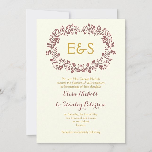 Convite Frasto de folhagem de Marsala com iniciais de casa (Frente)