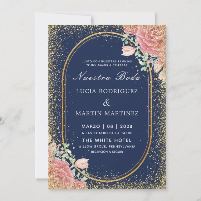 Convite Fratura Dourada floral - Marinho brilhante Nuestra (Frente)
