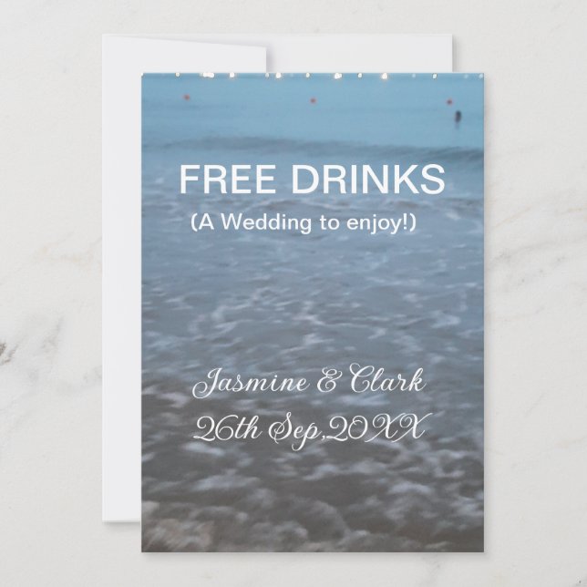 Convite Free drinks save the date beach wedding add name  (Frente)