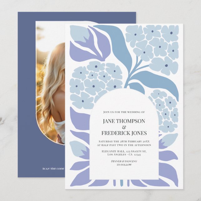 Convite French Blue Abstract Floral Modern Spring Wedding (Frente/Verso)