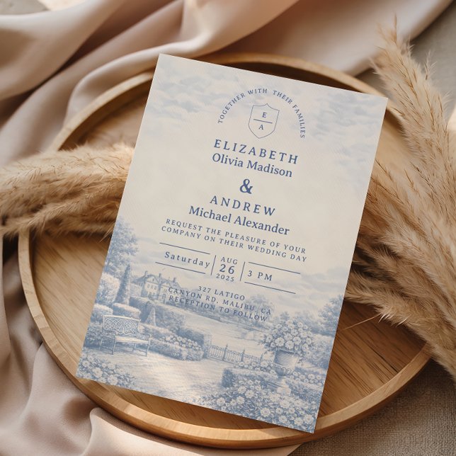 Convite French Blue Countryside Toile Wedding (Criador carregado)