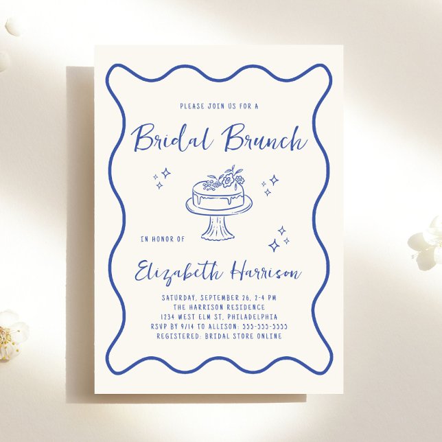 Convite French Blue Wavy Frame Cream Bridal Brunch Shower (French Blue Wavy Frame Cream Bridal Brunch Shower Invitation)