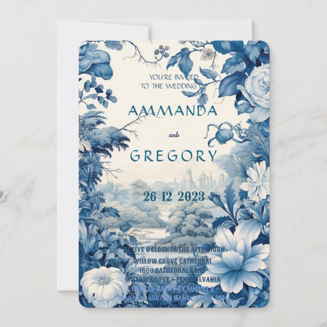 Convite French Floral Toile Blue Invitation (Frente)