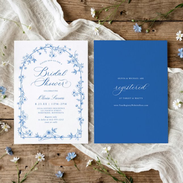 Convite French Toile Blue and White Floral Bridal Shower (Blue and white wildflower bridal shower invitation with French vintage toile arch frame)