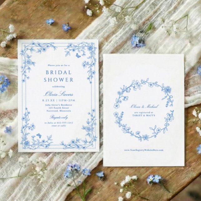 Convite French Toile Chinoiserie Blue White Bridal Shower (Blue and white wildflower bridal shower invitation with French vintage toile corner florals)