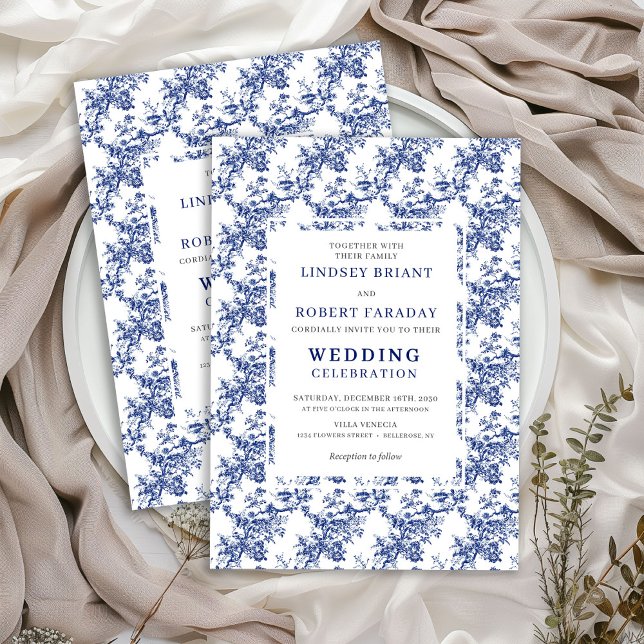 Convite French Toile de Jouy Blue Floral Wedding Invite (Elegant Blue Toile Floral Wedding Invitation Design)