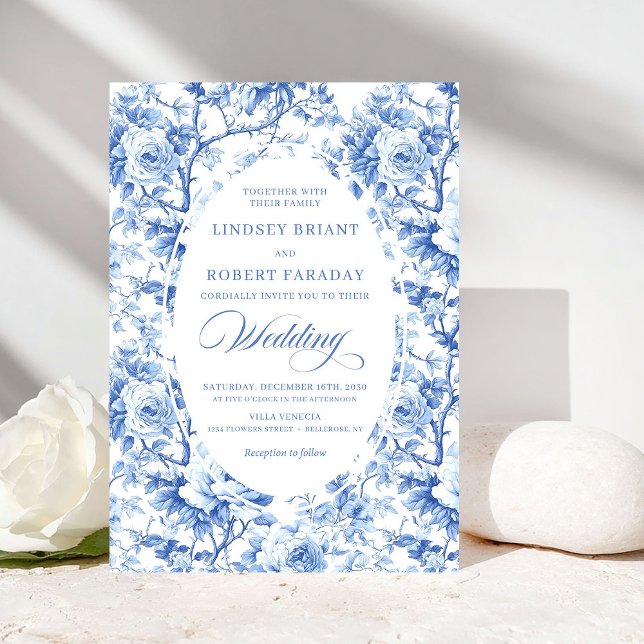 Convite French Toile de Jouy Blue Roses Elegant Wedding  (French Toile de Jouy Blue Roses Elegant Wedding Invite)