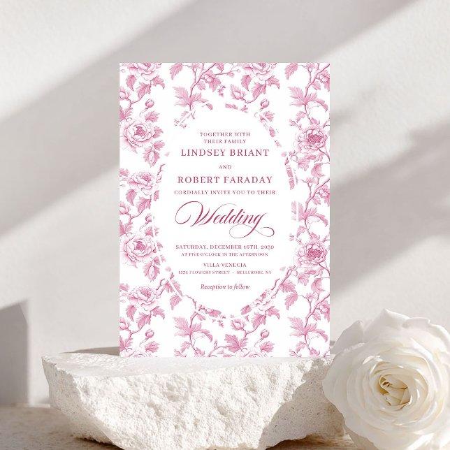 Convite French Toile Roses Blush Pink Wedding Invitation (French Toile Roses Blush Pink Wedding Invitation)