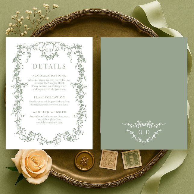 Convite French Victorian Sage Green Wedding Details (Criador carregado)