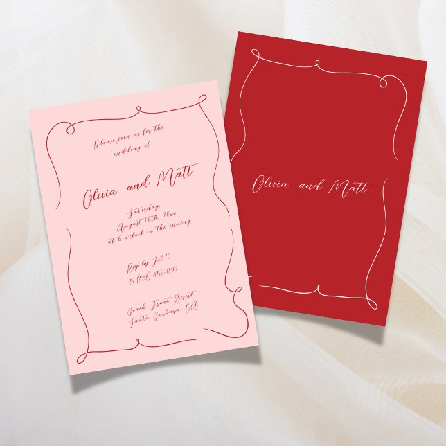 Convite French Whimsy Script Wedding Invite Red Pink (French Whimsy Script Wedding Invite Red Pink)