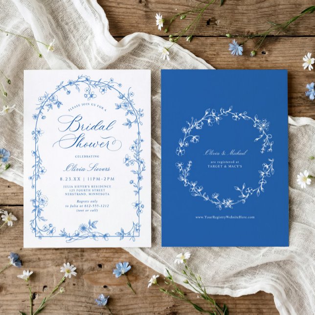 Convite French Wildflower Toile Blue Bridal Shower (Blue and white wildflower bridal shower invitation with French vintage toile arch frame)