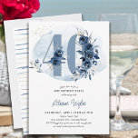 Convite Frente aniversário de 40 anos Azul Costeiro Número<br><div class="desc">convite de festas aniversário de 40 anos com número 40 decorado com rosa-buds, flores e folhagem em tons de azul litorâneo e areia. Design sutil feminino e elegante com arranjos florais de aquarela, decapantes de tinta e pinceladas. Perfeito para comemoração de aniversário de 40 anos com vibe costeira, casa de...</div>