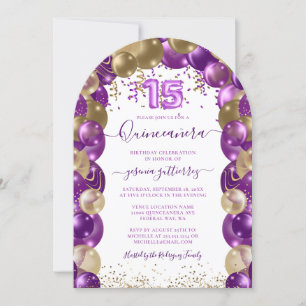 Convite Frente Dourada Roxa Quinceañera Balão