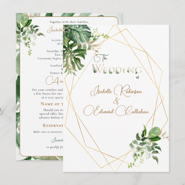 Convite Frente e Verso Folhas Tropicais Verdes Geométrico  (Frente/Verso)