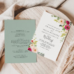 Convite Frente Floral Cinzenta Verde e Casamento Traseiro<br><div class="desc">Este convite para casamento floral cor-de-rosa e verde é perfeito para um casamento simples. O design apresenta belas pinturas manuais, rosas, pincéis e pénicas amarelas, pintadas à mão, com folhagem verde. Salve o papel, incluindo mais detalhes na parte traseira do convite em vez de em uma placa de gabinete separada....</div>