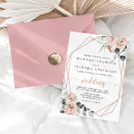 Convite Frente Floral Clássica Geométrica Rosa e Casamento<br><div class="desc">Este clássico e geométrico convite de casamento floral cor-de-rosa é perfeito para um casamento rústico. O design apresenta rosas poeirentos elegantes e cor d'água e folhagem verde, perfeitamente reunidos em belos buquês, enfeitando uma encantadora estrutura geométrica. Salve o papel, incluindo mais detalhes na parte traseira do convite em vez de...</div>