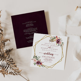 Convite Frente Floral Dourada e Casamento Traseiro Geométr