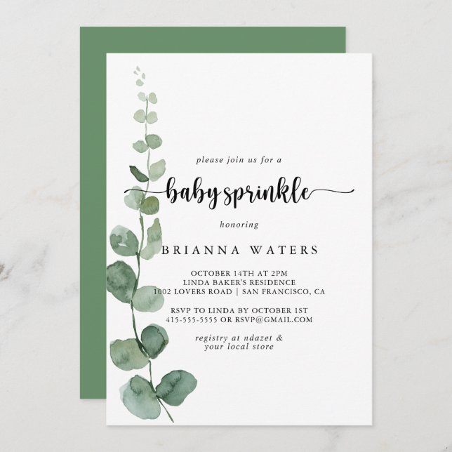 Convite Frente Verde Eucalyptus Baby Sprinkle (Frente/Verso)