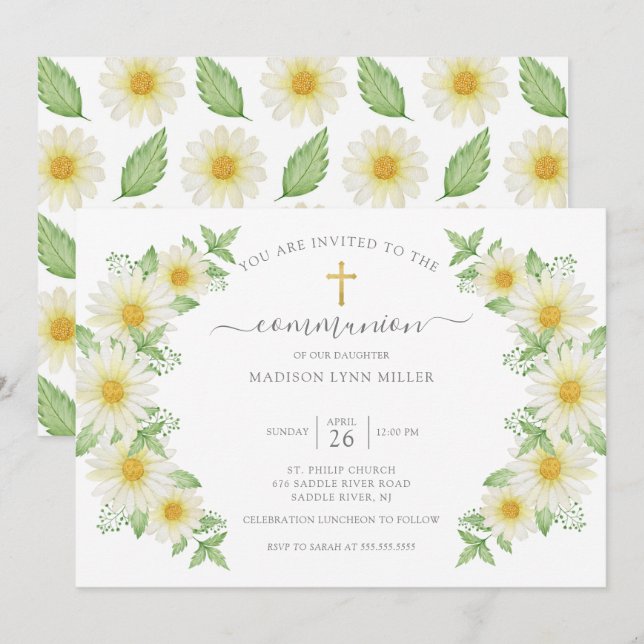 Convite Fresca Daisy Floral First Communitation (Frente/Verso)