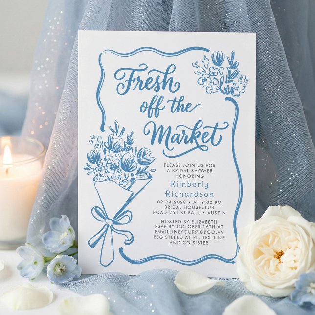 Convite Fresca do Mercado Brinco Esposa Chá de Noiva Capri (Fresh Off The Market Whimsical Hand Drawn Dusty Blue Bridal Shower Invitation)