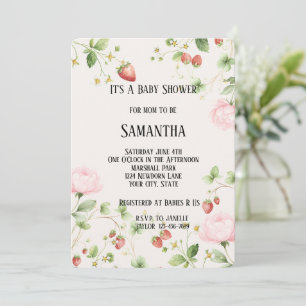 Convite Frescas Morangos Flores Rosas Chás de Bebê