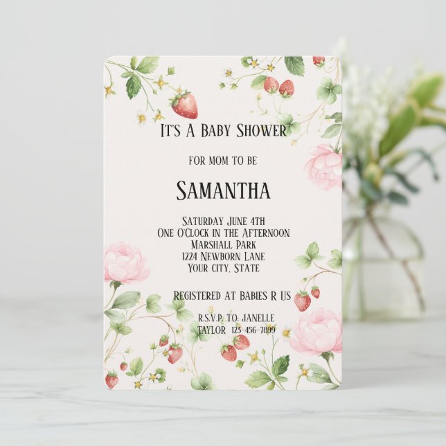 Convite Frescas Morangos Flores Rosas Chás de Bebê (Em pé/Frente)