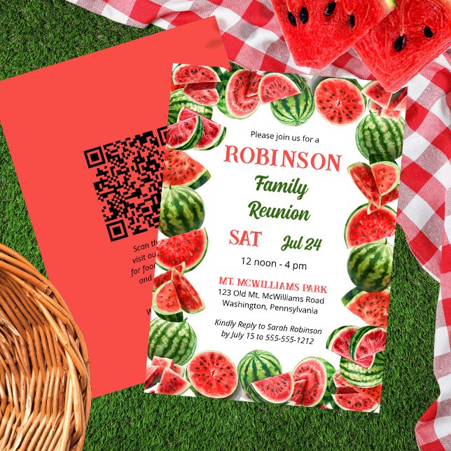 Convite Fresco de Melancias de Verão Frescas Sindicato da  (Fresh Summer Watermelons QR Code Family Reunion Invitation)