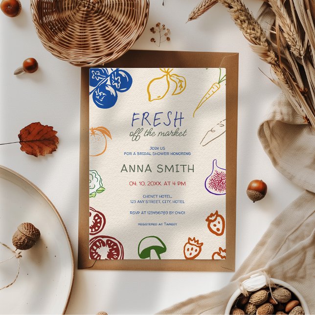 Convite Fresco Do Banheira Bridal Desenhada Da Mão Do Merc (Fresh off the market hand drawn bridal shower invitation colorful farmer's market cute aesthetic)
