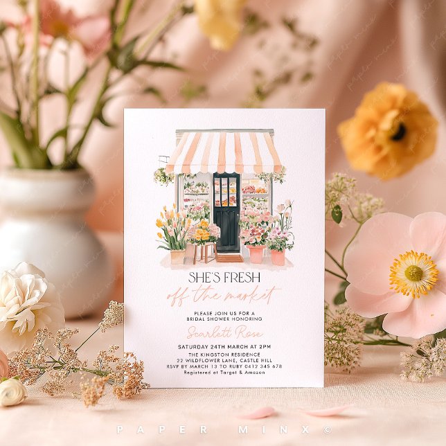 Convite Fresco do Chá de panela de Mercado do Agricultor (She's off the Market! Flower Shop Farmer's Market Bridal Shower Invitation Peach and Pink Flowers)