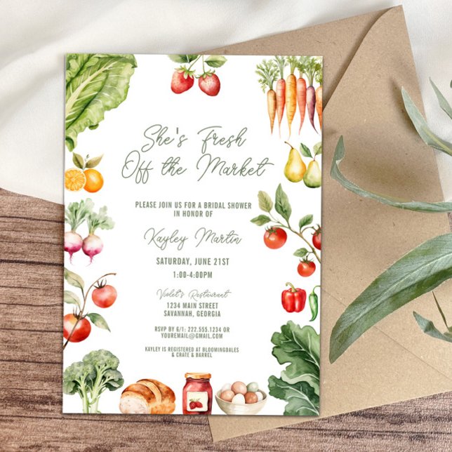 Convite Fresco do Chá de panela de Mercado do Agricultor (She’s fresh off the market! rustic farmer’s market bridal shower invitation, vegetables, fruits)