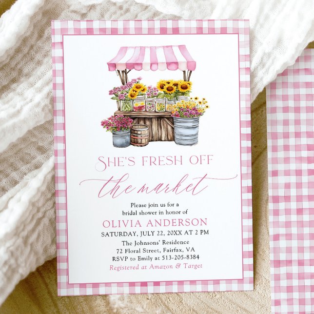 Convite Fresco Do Chá de panela De Mercado Dos Agricultore (Modern Watercolor Pink Gingham Fresh Off The Market Farmers Market Bridal Shower Invitation)
