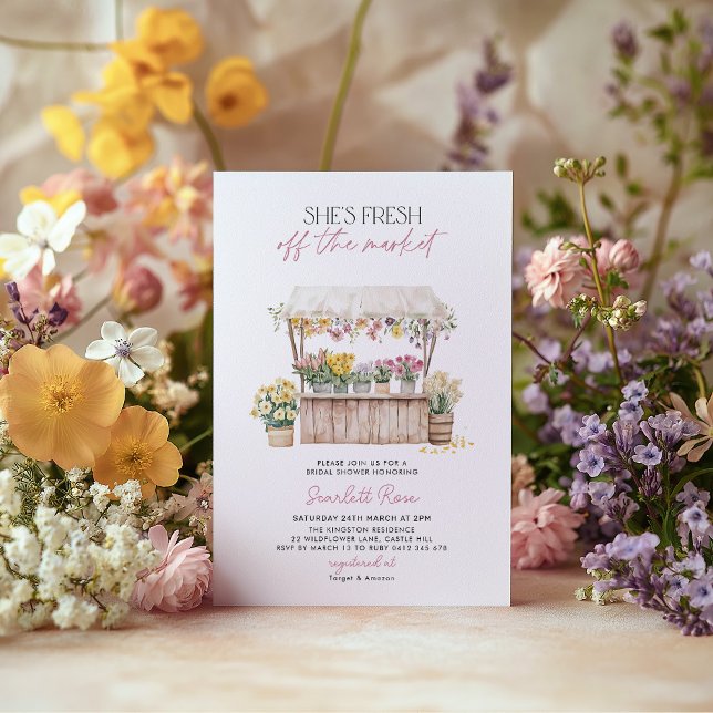 Convite Fresco do Chá de panela do mercado de agricultores (She's Fresh Off the Market! Flower Stand Farmer's Market Bridal Shower Floral Invitation)