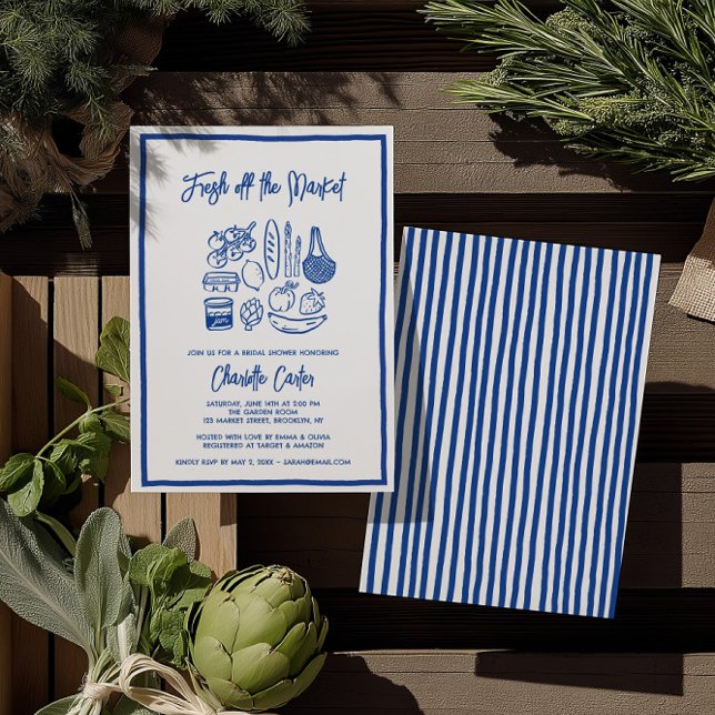 Convite Fresco do Mercado Chuveiro de Noiva Azul Caprichos (Fresh Off The Market Bridal Shower Whimsical Blue Invitation)