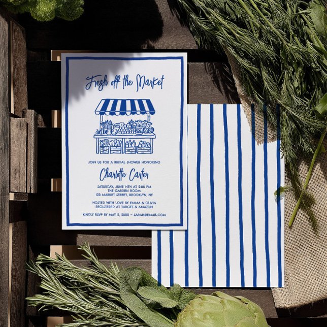 Convite Fresco do Mercado Chuveiro de Noiva Azul Caprichos (Fresh Off The Market Bridal Shower Whimsical Blue Invitation)