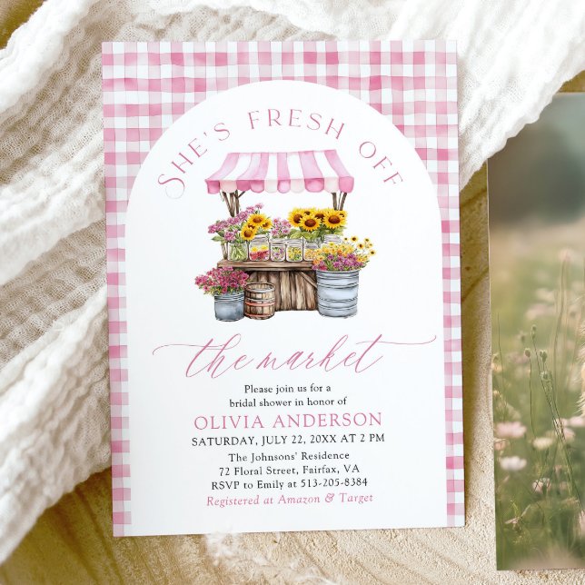 Convite Fresco Rosa Do Chá de panela De Arco De Mercado (Watercolor Elegant Pink Fresh Off The Market Farmers Market Arch Bridal Shower Invitation)