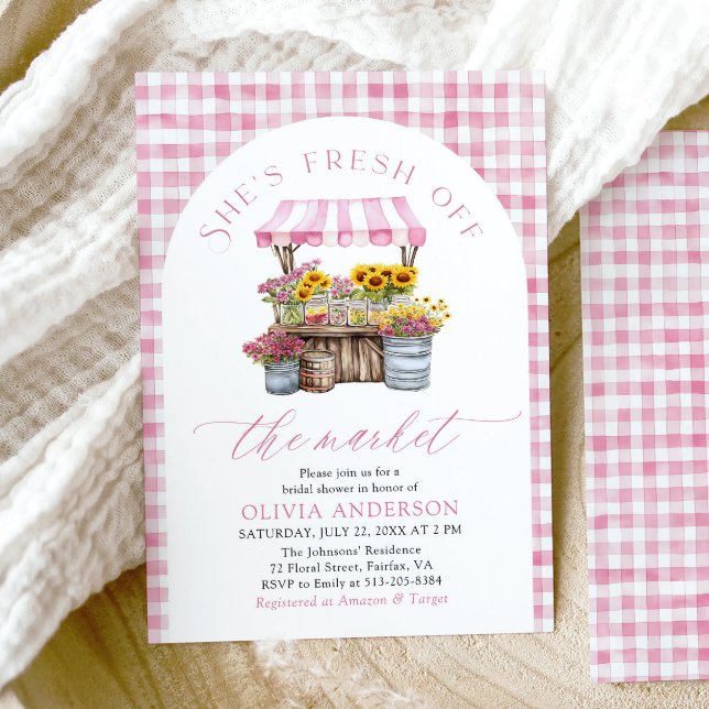 Convite Fresco Rosa Do Chá de panela De Arco De Mercado (Watercolor Elegant Pink Fresh Off The Market Farmers Market Arch Bridal Shower Invitation)