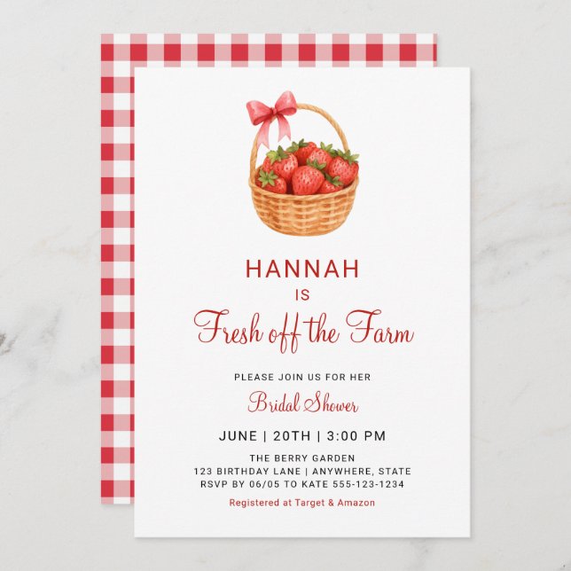 Convite Fresh Off The Farm Strawberry Bow Bridal Shower (Frente/Verso)