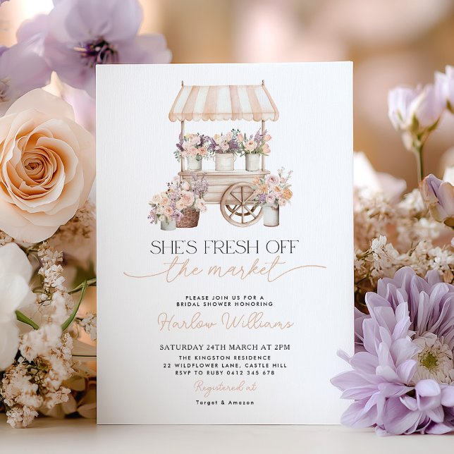 Convite Fresh off the Market Flower Peach Bridal Shower (She's fresh off the market! Bridal Shower Flower Cart invitation)