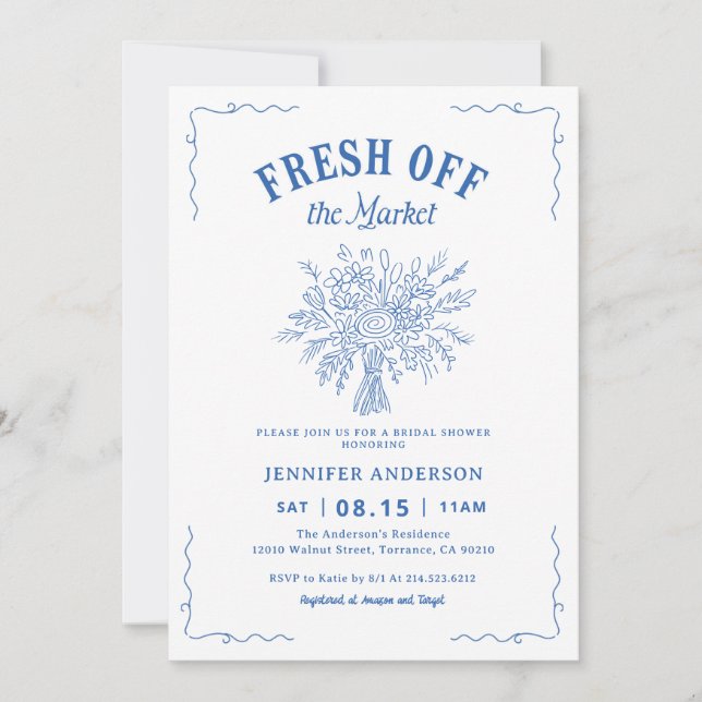 Convite Fresh Off The Market Garden Blue Bridal Shower  (Frente)