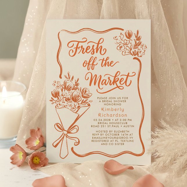 Convite Fresh Off The Market Terracotta Bridal Shower (Terracotta and Beige Boho Whimsical Hand Drawn Fall Bridal Shower Invitation Fresh Off The Market)