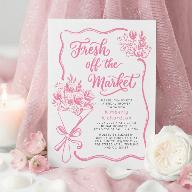 Convite Fresh Off The Market Whimsical Drawn Bridal Shower (Fresh Off The Market Pink Whimsical Hand Drawn Flowers Bouquet Bridal Shower Invitations)