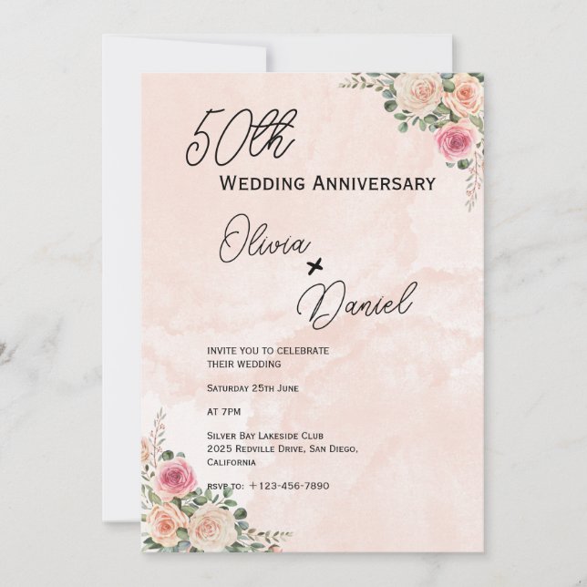 Convite Fresh Pink Cream Floral Wedding Anniversary  (Frente)