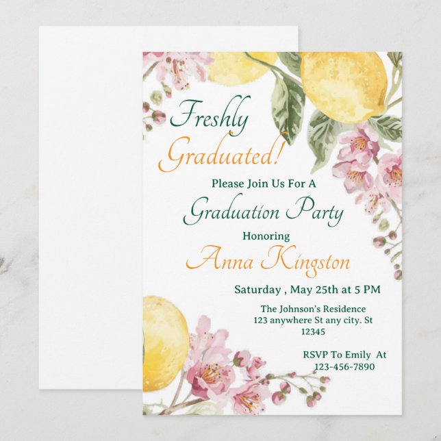 Convite Freshly Graduated Lemon Pink Graduation Invitation (Frente/Verso)